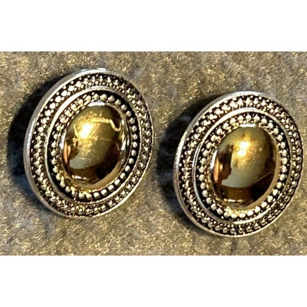 Vtg HMN Clip On Earrings Beaded Dome Retro Button Two Tone Gold Silver Tone 90s